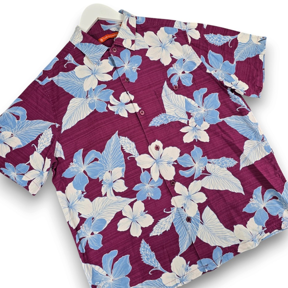 Tori Richard Mens Medium Silk Cotton Burgundy Floral Hibiscus Aloha Shirt M